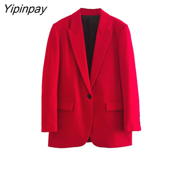 Yipinpay 2023 Ladies Red Blazer Suit 2Pcs Office Outfits Single Button Jacket+Zipper Trousers Basic Long Pant Autumn Winter
